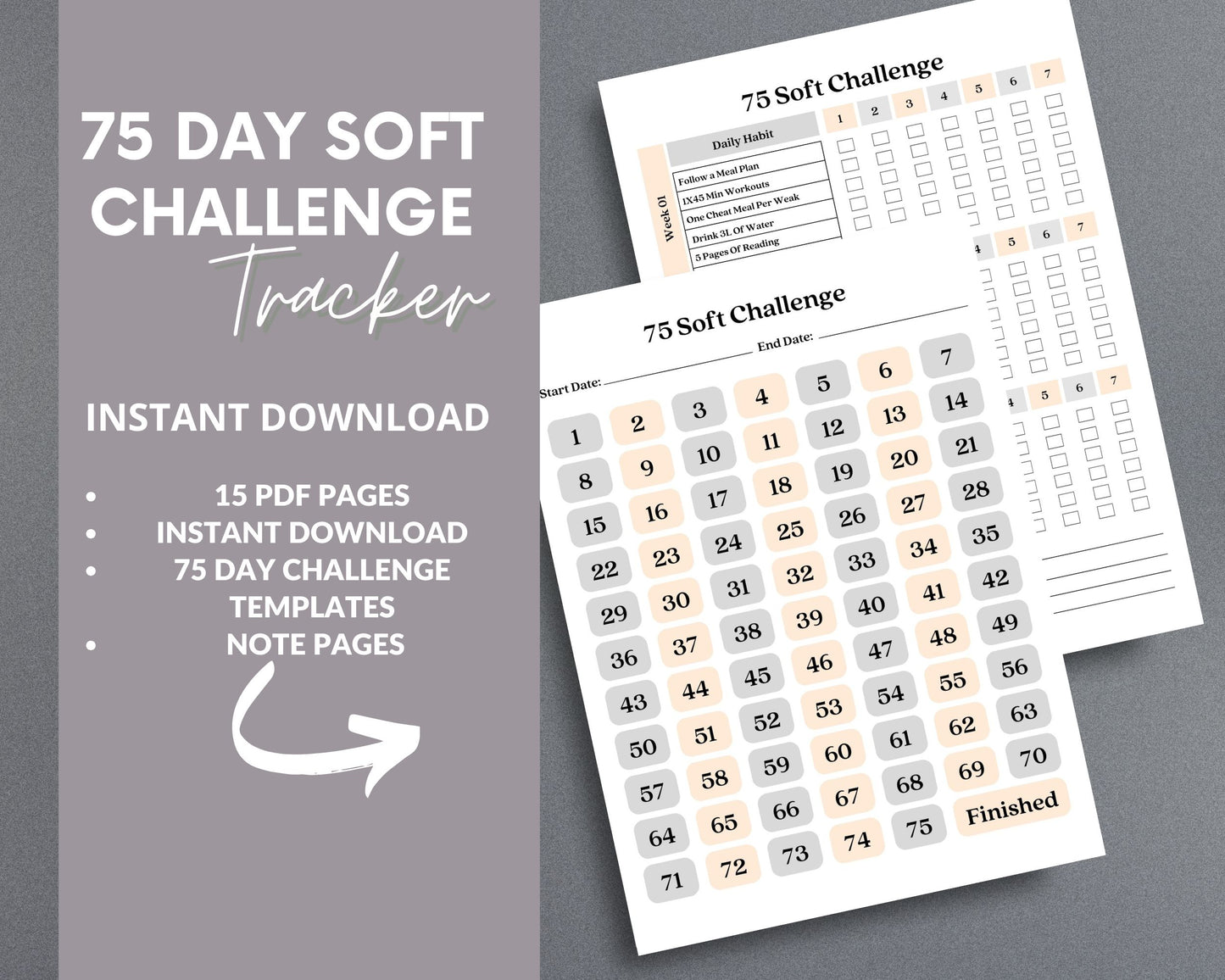 75 Soft Challenge Tracker – Printable Fitness & Wellness Planner | Instant PDF Download