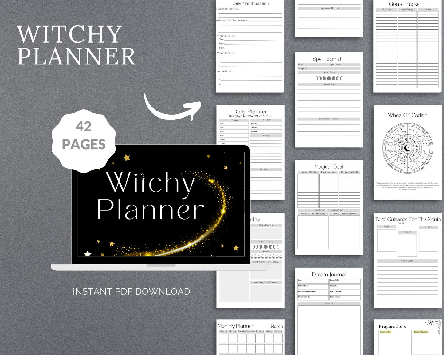 Witchy Planner – Track Rituals, Moon Phases & Tarot Readings | Printable PDF