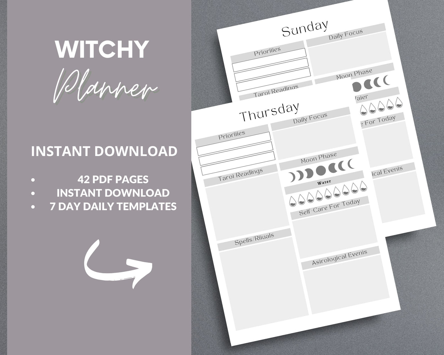 Witchy Planner – Track Rituals, Moon Phases & Tarot Readings | Printable PDF