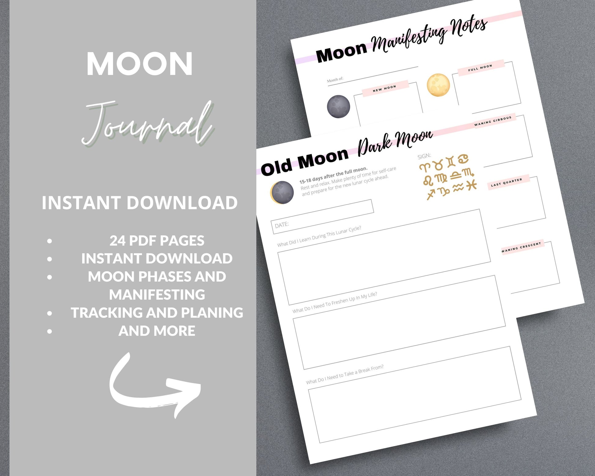 Moon Journal – Track Lunar Cycles, Set Intentions & Manifest with the Moon | Printable PDF