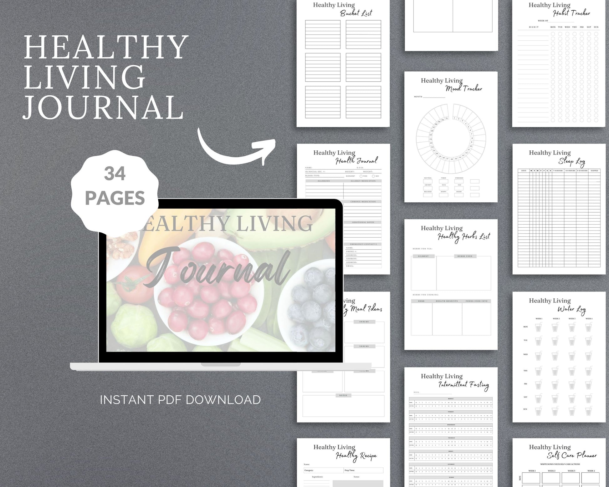 Healthy Living Journal – Track Fitness, Nutrition & Self-Care | Printable PDF 