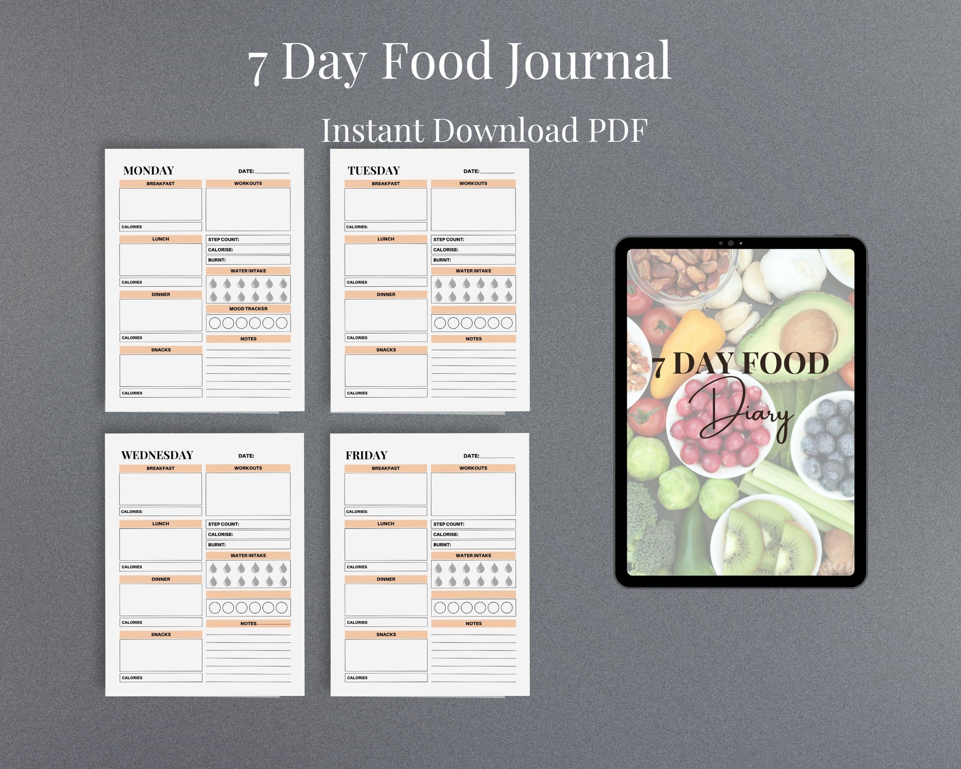 7-Day Food Diary – Track Meals, Calories & Nutrition for a Healthier Lifestyle | Printable PDF