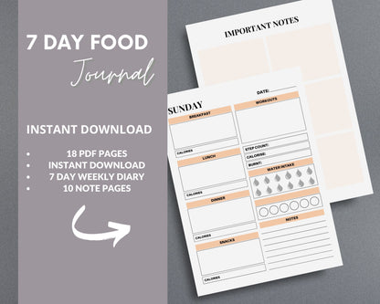 7-Day Food Diary – Track Meals, Calories & Nutrition for a Healthier Lifestyle | Printable PDF