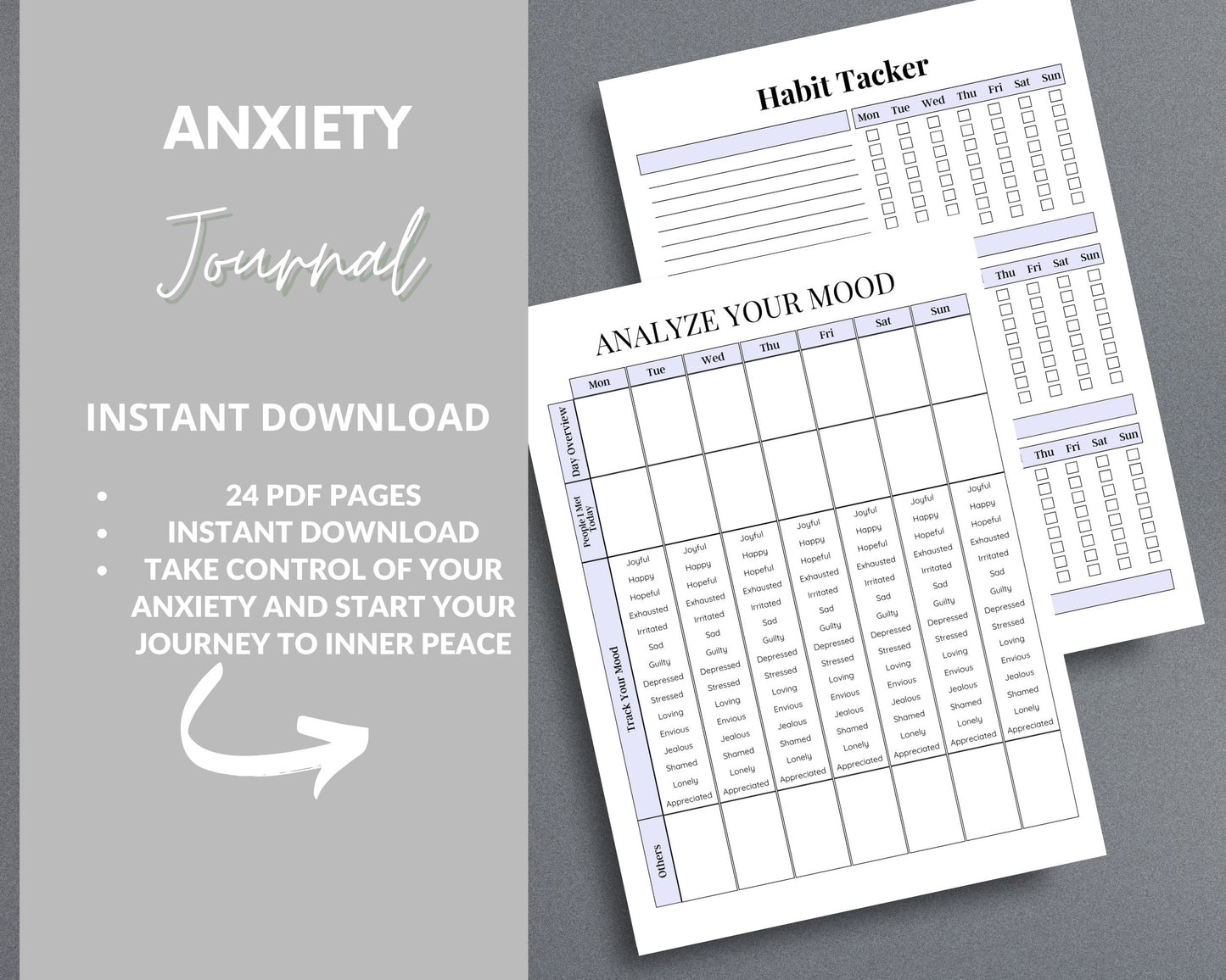 Anxiety Journal – Track Emotions, Manage Stress & Improve Mental Well-Being | Printable PDF