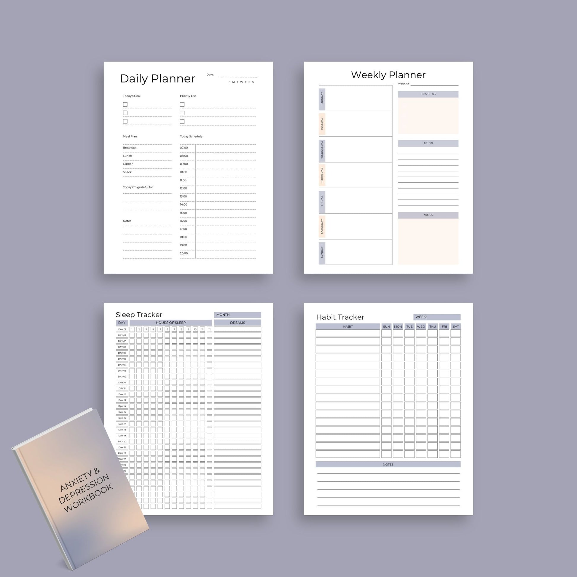 Anxiety & Depression Workbook – Track Mental Health, Emotions & Self-Care | Printable PDF